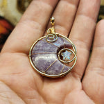 Purple Lepidolite Crescent Moon and Star Pendant in Rose Gold Fill with Rose Quartz and Aquamarine