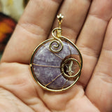Purple Lepidolite Crescent Moon and Star Pendant in Rose Gold Fill with Rose Quartz and Aquamarine