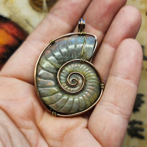Carved Rainbow Purple Labradorite Ammonite Shell Pendant