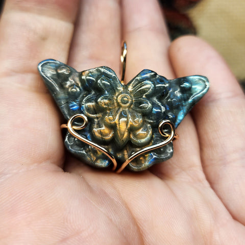 Carved Rainbow Labradorite Butterfly Pendant in 14kt Rose Gold Fill