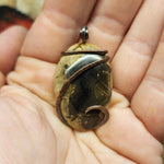 Petrified Wood and Agate Pendant in Hammered Copper