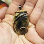 Petrified Wood and Agate Pendant in Hammered Copper