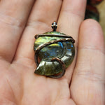 Carved Yellow Green Labradorite Ammonite Shell Pendant in Copper