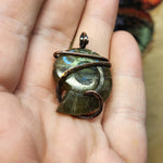 Carved Yellow Green Labradorite Ammonite Shell Pendant in Copper