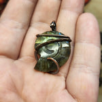 Carved Yellow Green Labradorite Ammonite Shell Pendant in Copper