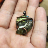 Carved Yellow Green Labradorite Ammonite Shell Pendant in Copper