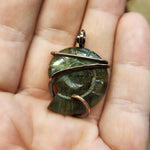 Carved Yellow Green Labradorite Ammonite Shell Pendant in Copper