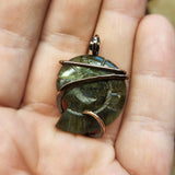 Carved Yellow Green Labradorite Ammonite Shell Pendant in Copper