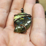 Carved Yellow Green Labradorite Ammonite Shell Pendant in Copper