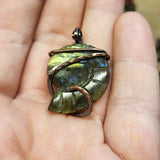 Carved Yellow Green Labradorite Ammonite Shell Pendant in Copper