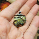 Carved Yellow Green Blue Labradorite Ammonite Shell Pendant in Copper