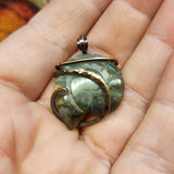 Carved Yellow Green Blue Labradorite Ammonite Shell Pendant in Copper