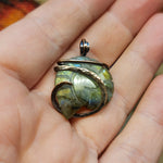 Carved Yellow Green Blue Labradorite Ammonite Shell Pendant in Copper