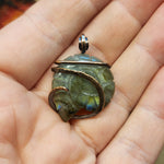 Carved Yellow Green Blue Labradorite Ammonite Shell Pendant in Copper