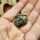 Carved Yellow Green Blue Labradorite Ammonite Shell Pendant in Copper