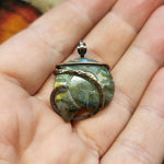 Carved Yellow Green Blue Labradorite Ammonite Shell Pendant in Copper