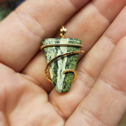 Green and Silver Zebra Jasper Pendant in 14kt Yellow Gold Fill