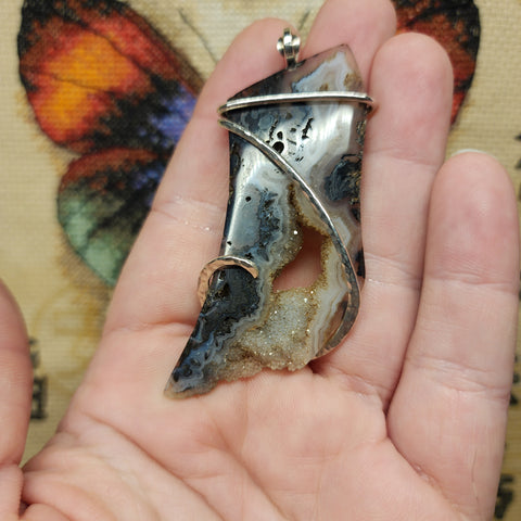 Crazy Crystal Geode Rare Crown of Silver Psilomelane Agate Pendant in Sterling Silver