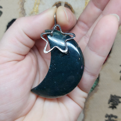 Green Moss Agate Crescent Moon Pendant Sterling Silver with Star