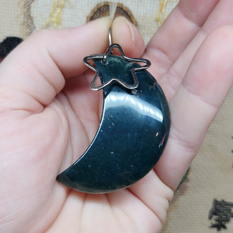 Green Moss Agate Crescent Moon Pendant Sterling Silver with Star