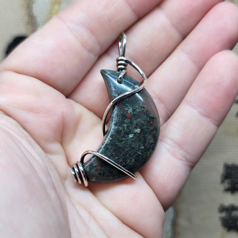 Bloodstone Breccia Moss Agate Crescent Moon Pendant Sterling Silver with Swirl