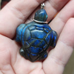 Carved Blue Labradorite Sea Turtle Pendant in Sterling Silver