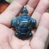 Carved Blue Labradorite Sea Turtle Pendant in Sterling Silver