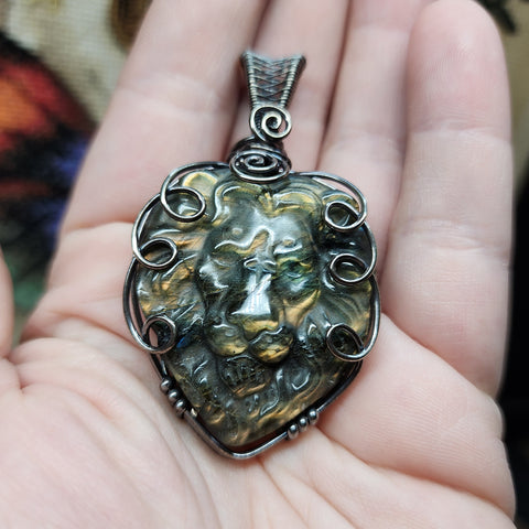 Carved Golden Labradorite Lion Pendant in Sterling Silver