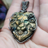 Carved Golden Labradorite Lion Pendant in Sterling Silver