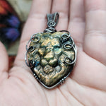 Carved Golden Labradorite Lion Pendant in Sterling Silver