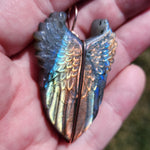 Carved Rainbow Labradorite Wings Pendant in 14kt Rose Gold Fill