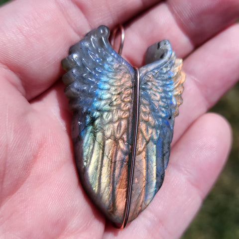 Carved Rainbow Labradorite Wings Pendant in 14kt Rose Gold Fill