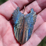 Carved Rainbow Labradorite Wings Pendant in 14kt Rose Gold Fill