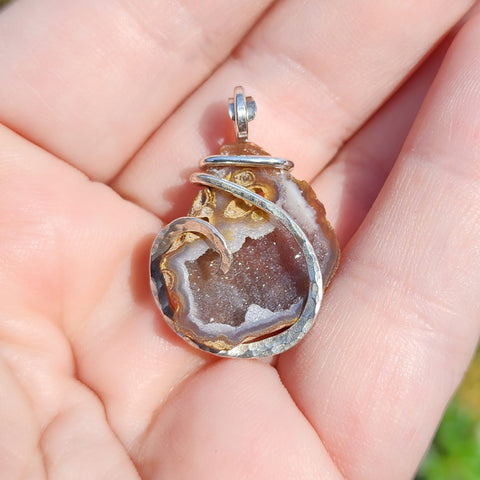 Sagenite Carnelian Tabasco Drusy Quartz Crystal Geode Pendant in Sterling Silver