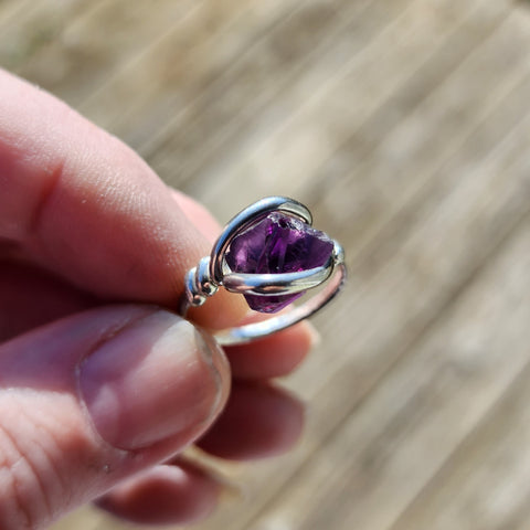 Raw Natural Amethyst Crystal Ring in Sz 8