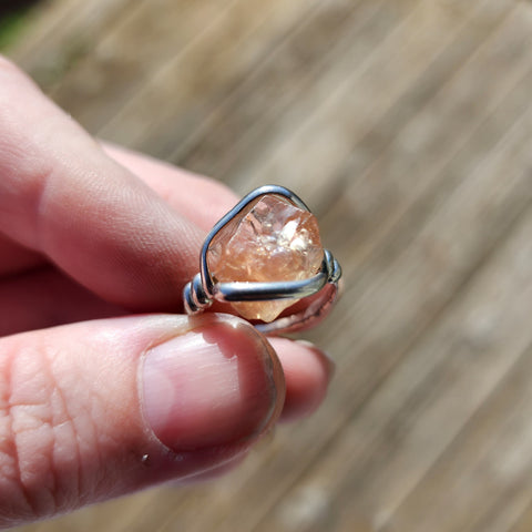 Raw Pink Oregon Sunstone Crystal Ring in Sterling Silver Sz 8 with Copper Schiller