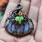 Halloween Harvest Pumpkin Sunstone Moonstone Pendant in Copper