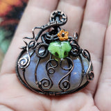 Halloween Harvest Pumpkin Sunstone Moonstone Pendant in Copper