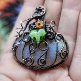 Halloween Harvest Pumpkin Sunstone Moonstone Pendant in Copper