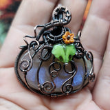 Halloween Harvest Pumpkin Sunstone Moonstone Pendant in Copper