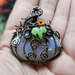 Halloween Harvest Pumpkin Sunstone Moonstone Pendant in Copper