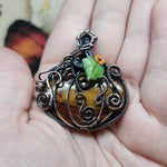 Halloween Harvest Carnelian Agate Petrified Wood Pumpkin Pendant in Copper