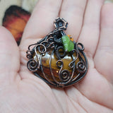 Halloween Harvest Carnelian Agate Petrified Wood Pumpkin Pendant in Copper