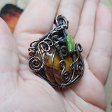 Halloween Harvest Carnelian Agate Petrified Wood Pumpkin Pendant in Copper