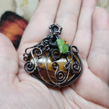 Halloween Harvest Carnelian Agate Petrified Wood Pumpkin Pendant in Copper