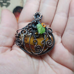 Halloween Harvest Carnelian Agate Petrified Wood Pumpkin Pendant in Copper