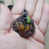 Halloween Harvest Carnelian Agate Petrified Wood Pumpkin Pendant in Copper