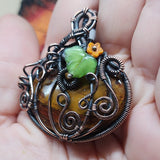 Halloween Harvest Carnelian Agate Petrified Wood Pumpkin Pendant in Copper