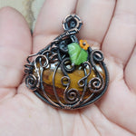 Halloween Harvest Carnelian Agate Petrified Wood Pumpkin Pendant in Copper