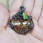 Halloween Harvest Carnelian Agate Petrified Wood Pumpkin Pendant in Copper